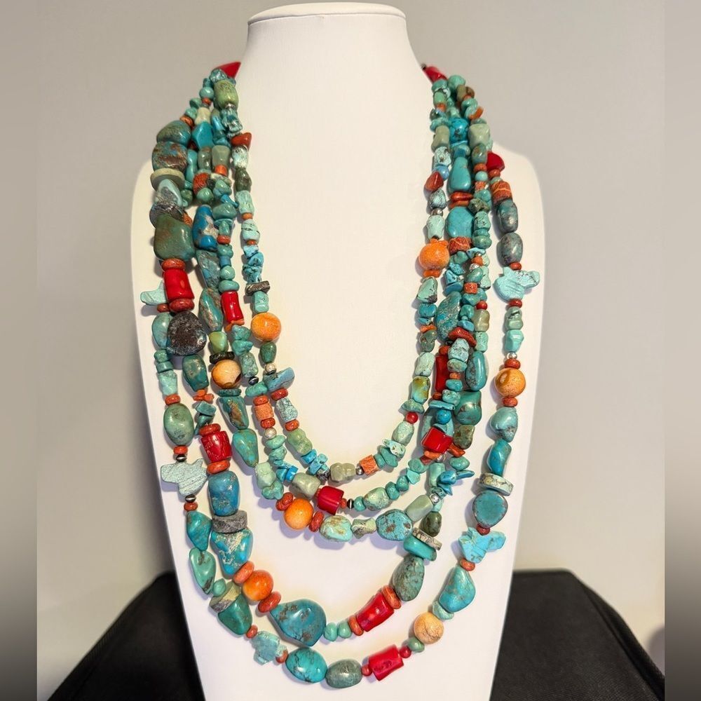 AMAZING ~20" 5 strands of Coral, Silver, TURQUOISE beads w/ VTG 925 TAXCO clasp! - Picture 13 of 13